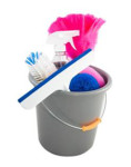 cleaning supplies in a bucket
